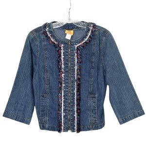 Ruby Rd Jean Jacket Size 6 Blue Full Zip Boho Festival Fringe Sequin Bead Fiesta